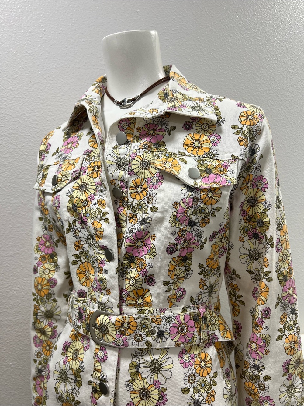 BaeVely Posie Floral Belted Denim Dress Small Retro 70s Mod Flower Print - S